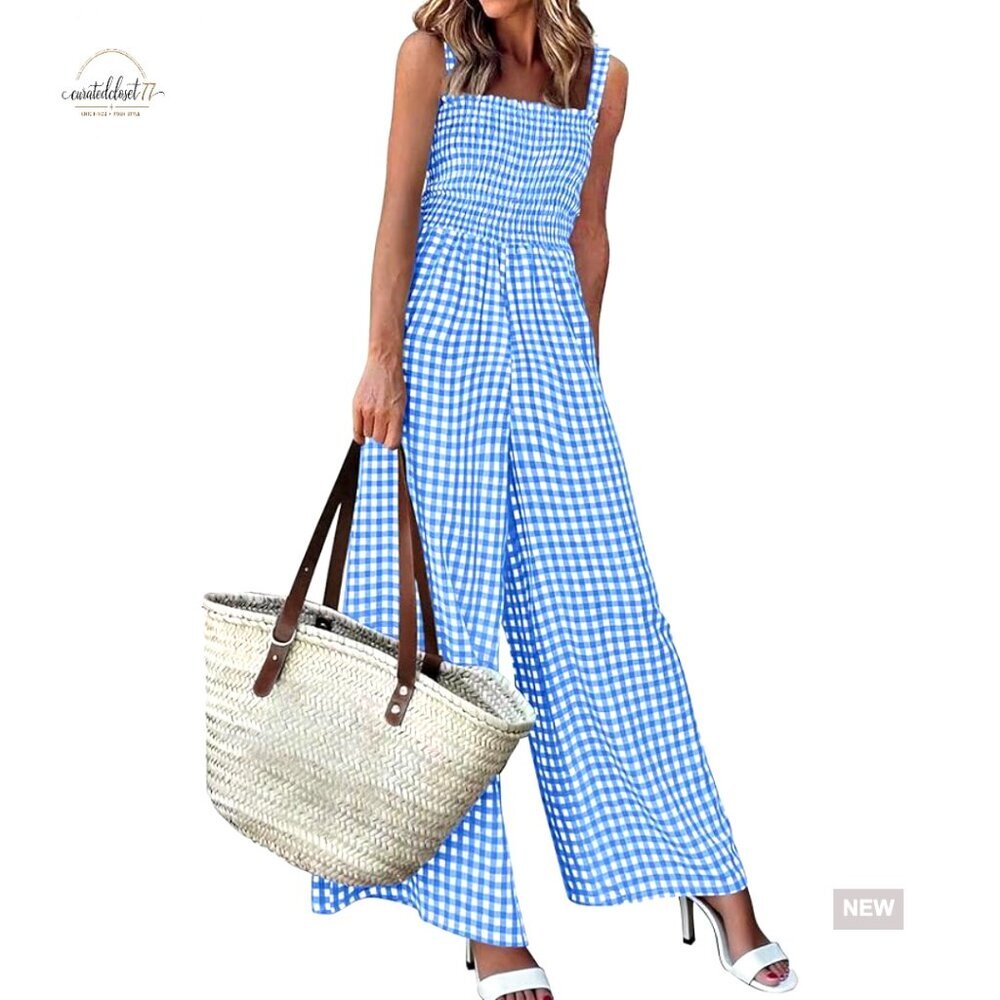 Large Smocked Gingham Jumpsuit Sleeveless Wide Leg Date Night Romper